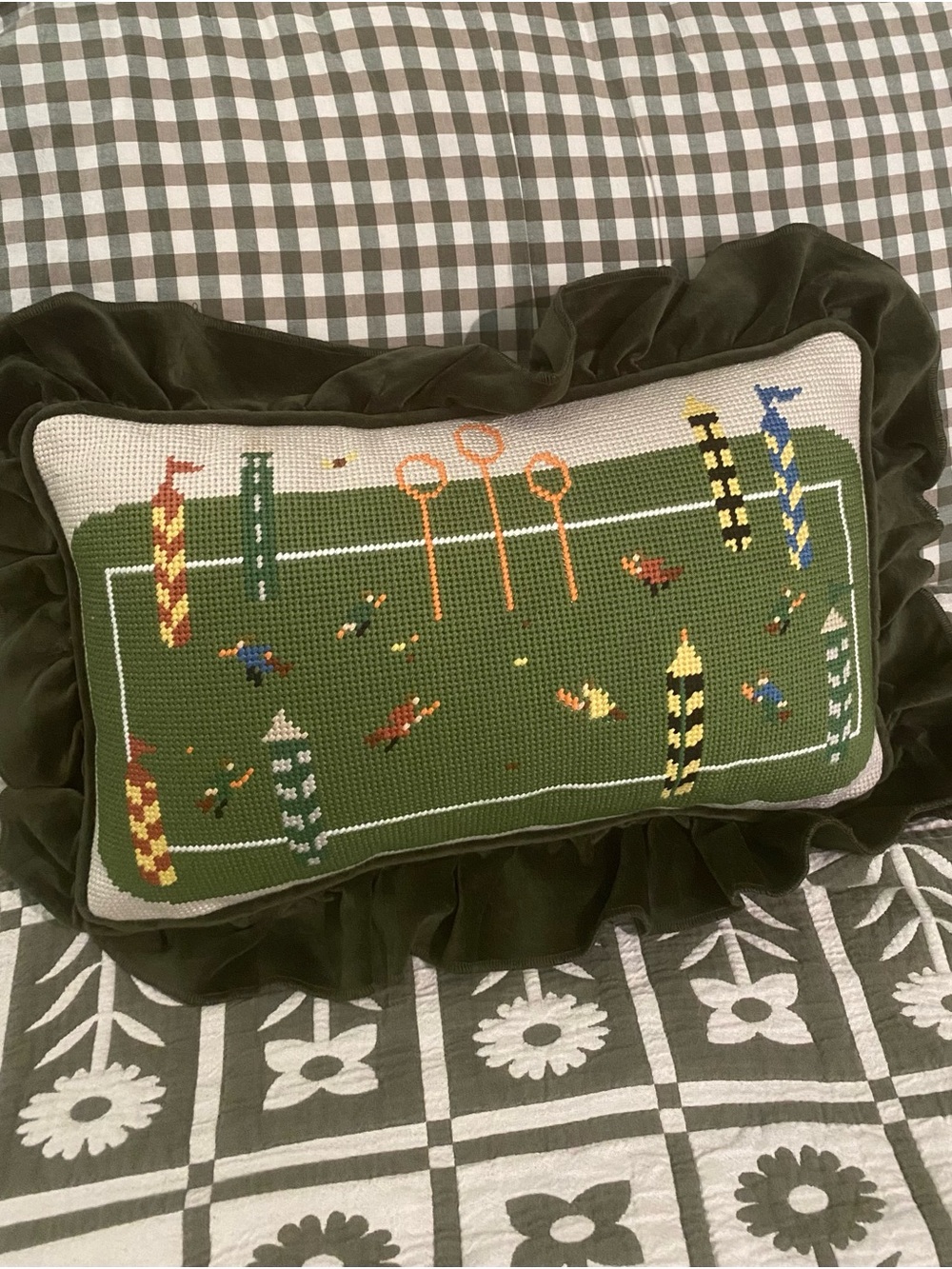 Harry Potter Quidditch Needlepoint Pillow Handmade “Sorry Professor” Ruffle